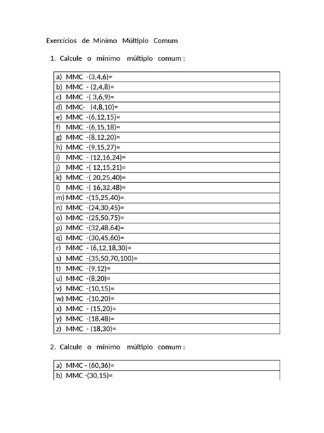 Minimo Multiplo Comum Exercicios