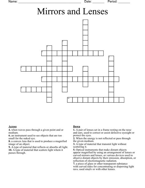 Mirrors And Lenses Crossword Puzzle Wordmint Curved Mirrors Worksheet - Curved Mirrors Worksheet