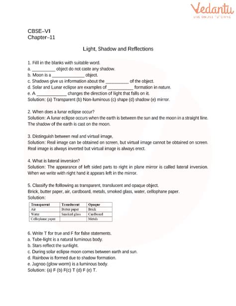 Miscellaneous Light Topics Answer Key