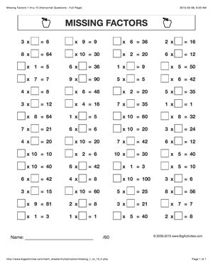 Missing Factors 1 To 10 Horizontal Questions Full Missing Factor Worksheet - Missing Factor Worksheet