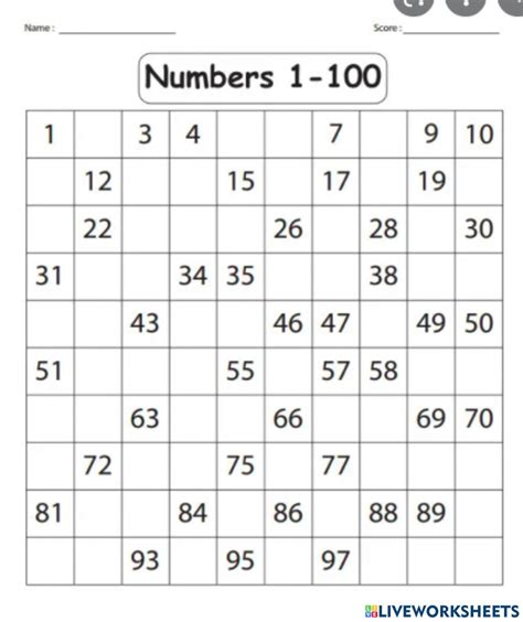 Missing Numbers 1 100 Interactive Worksheet Education Com Number1 100 Worksheet Kindergarten - Number1-100 Worksheet Kindergarten