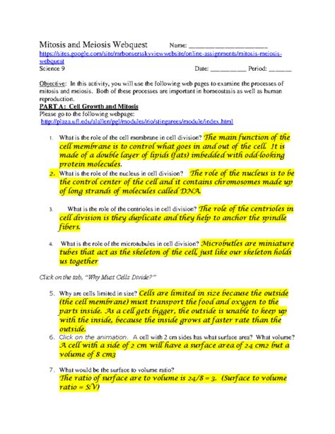 mitosis web ques answers