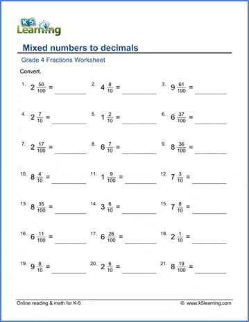Mixed Numbers And Decimals 4th Grade Math Worksheet Mixed Number To Decimal Worksheet - Mixed Number To Decimal Worksheet