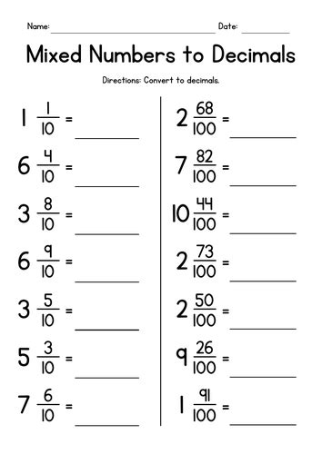 Mixed Numbers To Decimals Worksheets Examples Solutions Mixed Number To Decimal Worksheet - Mixed Number To Decimal Worksheet