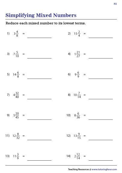 Mixed Numbers Worksheets Tutoring Hour Simplifying Mixed Numbers Worksheet - Simplifying Mixed Numbers Worksheet