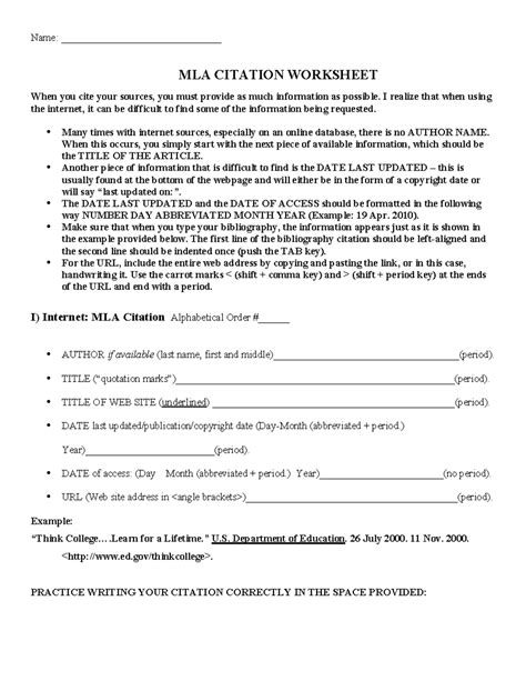 Mla Parenthetical Citation Practice Worksheet Answer Key