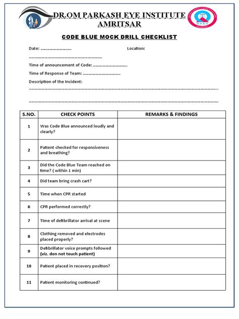 Mock Code Blue Checklist