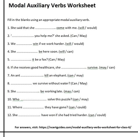 Modal Worksheet For Class 6