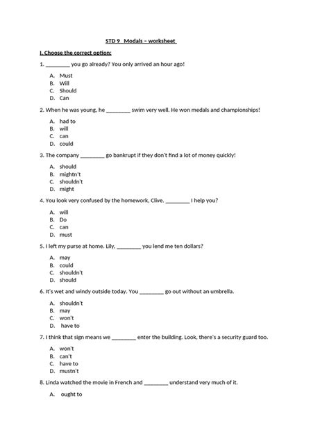 Modals Class 9 Worksheet