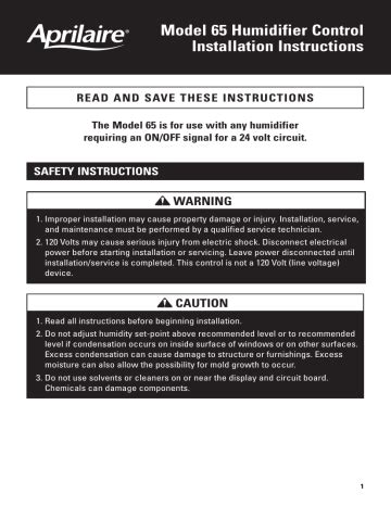 Model 65 Humidifier Control Installation Instructions