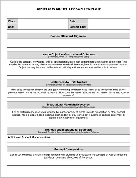 Model Of A Danielson Lesson Plan