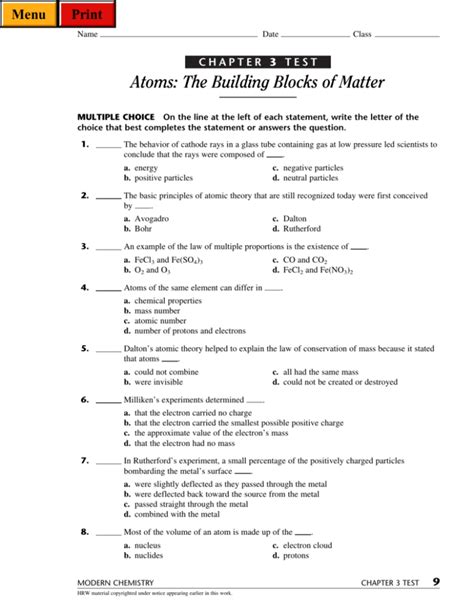 Modern Chemistry Chapter Atoms Test Answers