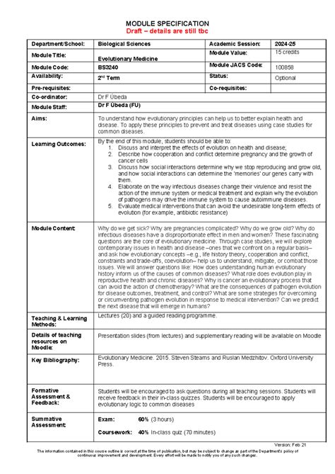 Module Specification Draft Aston University Birmingham