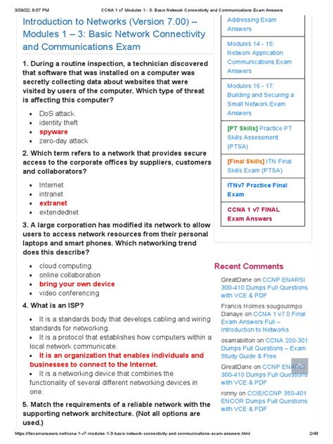 Modules 1 3 Basic Network Connectivity And Communications Exam