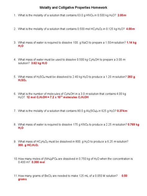 Molality Colligative Properties Homework Chemistry