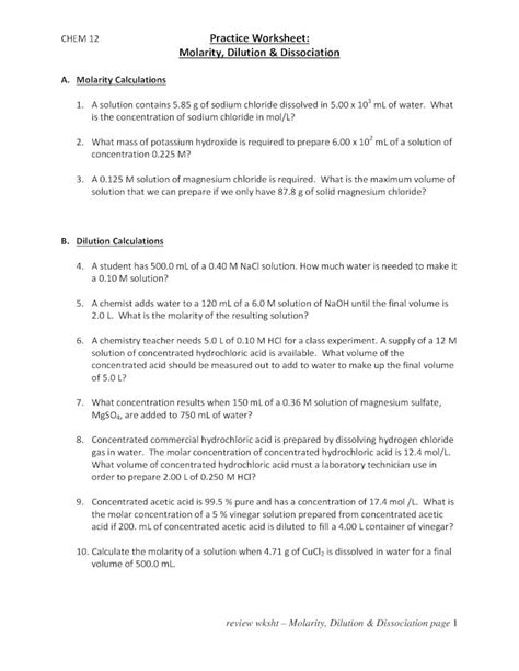 Molar Concentration Of Dilution Pdf Doc Net Concentrations And Dilutions Worksheet - Concentrations And Dilutions Worksheet
