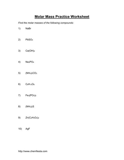 Molar Mass Practice Worksheet