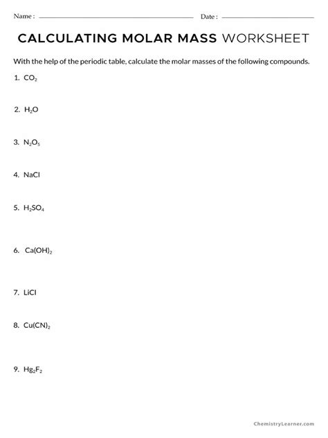 Molar Mass Worksheet Answer Key