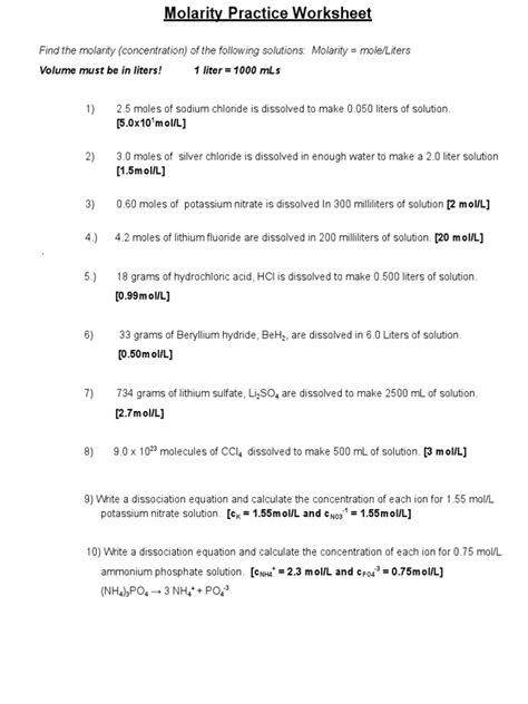 Molarity Pogil Answer Key