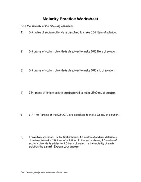 Molarity Practice Problems Answer Key