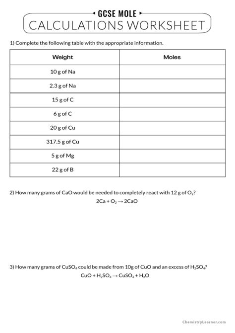 Mole Calculations Worksheet