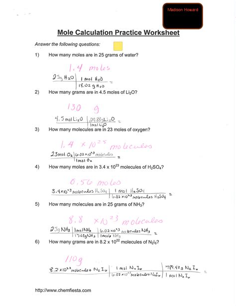 mole potpourri chemistry answer key