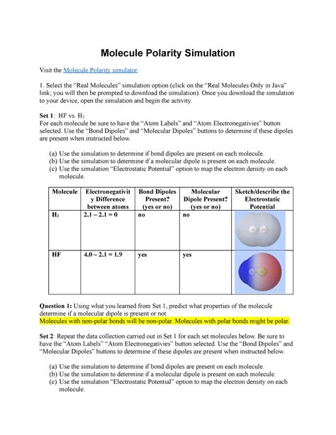 Molecule Polarity Phet Answer Key