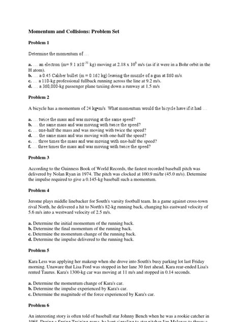 Momentum And Collisions Problem Sets The Physics Classroom Calculating Momentum Worksheet - Calculating Momentum Worksheet