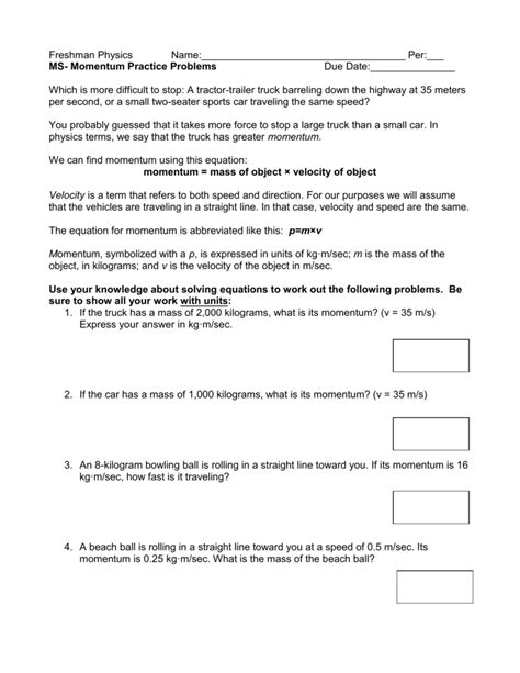 Momentum Practice Problems With Answers For High School Calculating Momentum Worksheet - Calculating Momentum Worksheet
