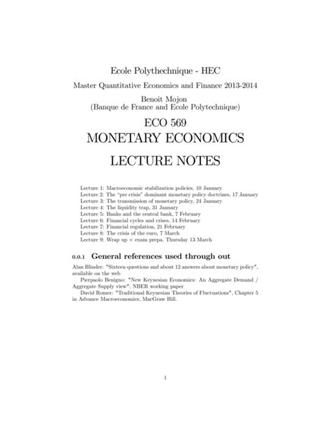 Monetary Economics Lecture Notes Benoit Mojon