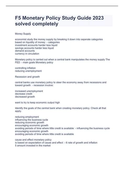Monetary Policy Study Guide Answers