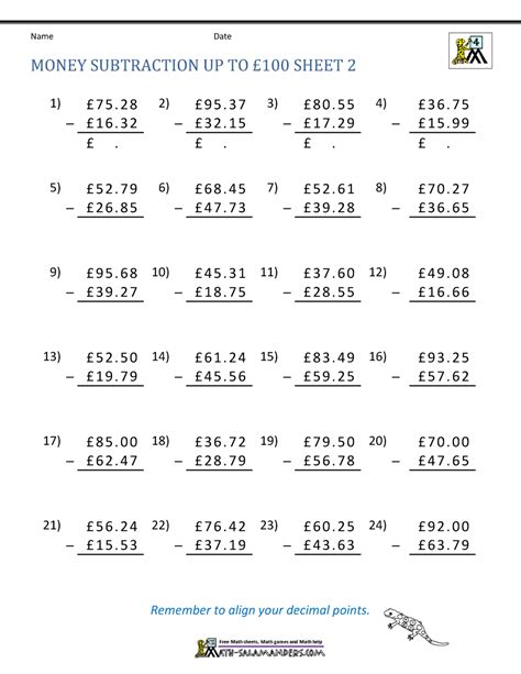 Money Subtraction Worksheet Page Math Salamanders Subtraction Money - Subtraction Money