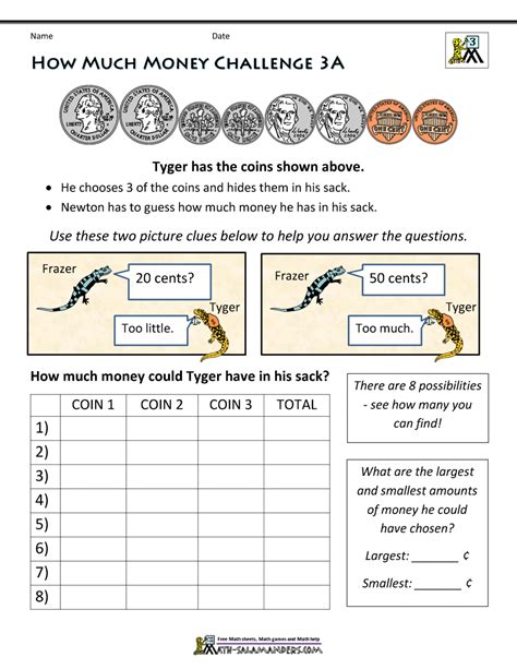 Money Worksheets 3rd Grade Money Challenges Math Salamanders Grade 3 Counting Money Worksheet - Grade 3 Counting Money Worksheet