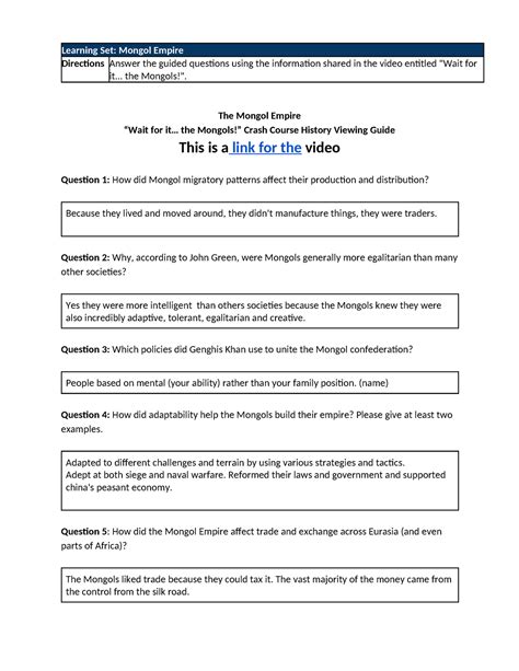 Read Mongol Guided Answer Key 