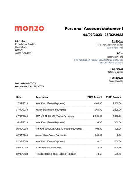 Monzo Bank Statement