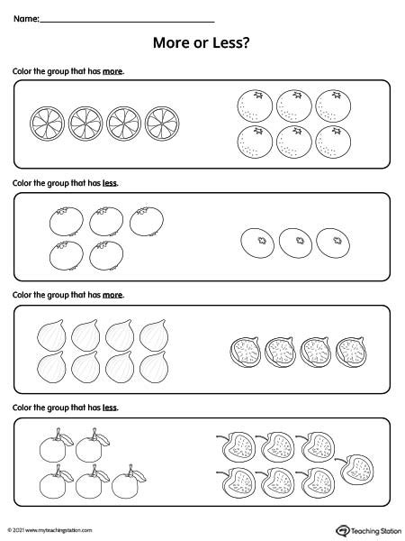 More Or Less Worksheet Color By Amount Myteachingstation More Or Less Preschool Activities - More Or Less Preschool Activities