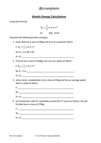 Motion And Energy Calculations Worksheets Teaching Resources Calculating Kinetic Energy Worksheet - Calculating Kinetic Energy Worksheet