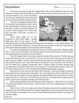 Mount Rushmore Reading Passage And Close Reading Worksheets Mount Rushmore Worksheet - Mount Rushmore Worksheet