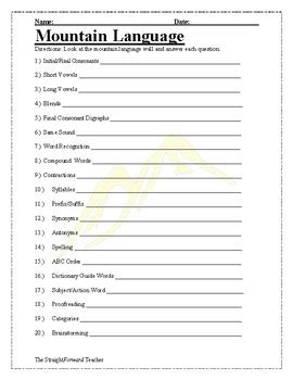 Mountain Language Sheet By The Straightforward Teacher Tpt Mountain Language Worksheet - Mountain Language Worksheet