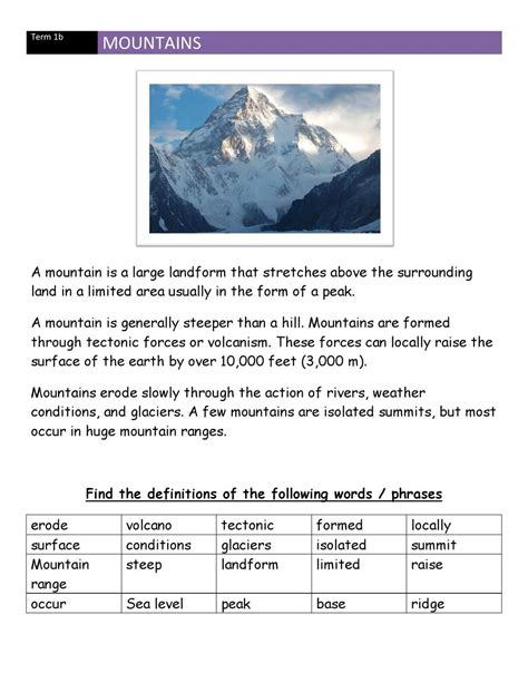 Mountain Language Worksheet   Mountain Language Worksheets Kiddy Math - Mountain Language Worksheet