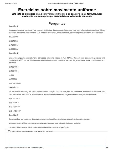 Movimento Uniforme Exercicios