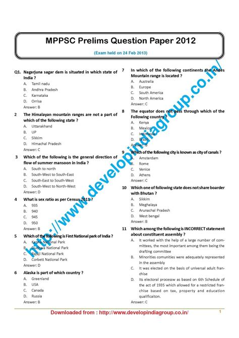 Download Mppsc Preliminary Exam Question Paper 2011 