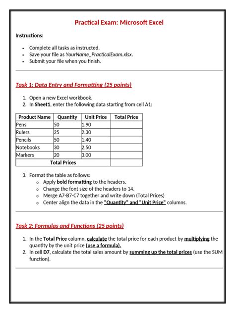 Ms Excel 2007 Practical Exam