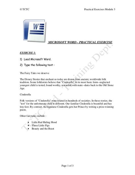 ms word 2007 practical exercises with answers