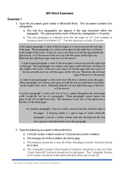 Ms Word Exercises For Students