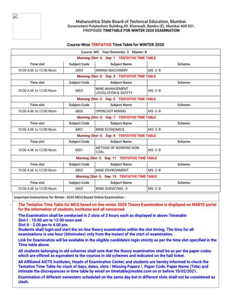 Msbte Winter 2020 Time Table