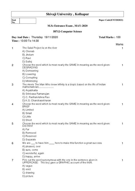 Full Download Msc Entrance Question Paper Shivaji University 