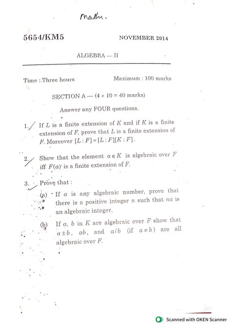 Read Msc Maths Question Paper Algebar 
