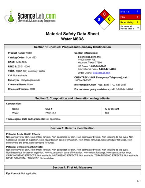 Msds Of H2o