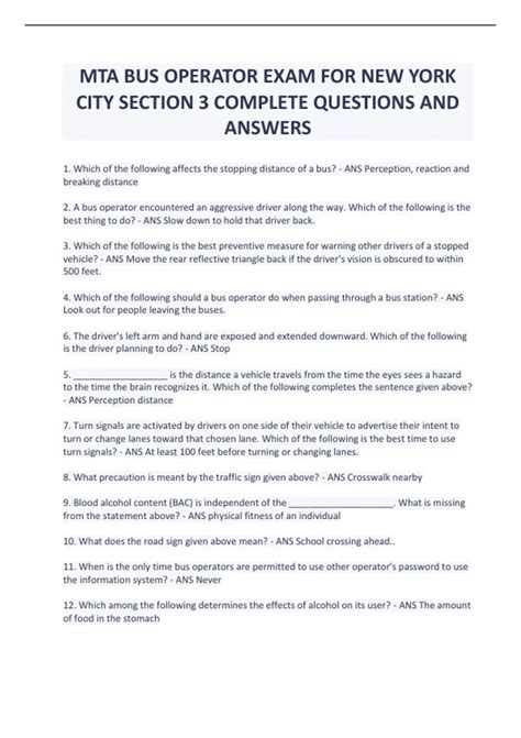 Mta Bus Operator Exam Practice Test